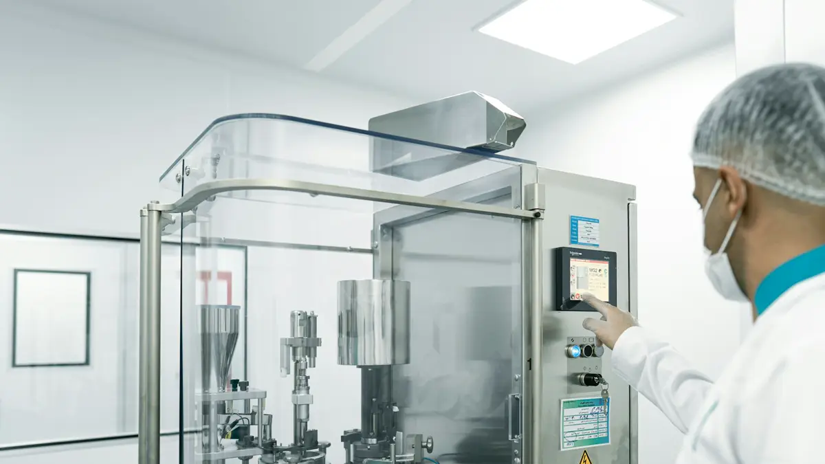 A technician in clean-room clothing at a pharmaceutical machine