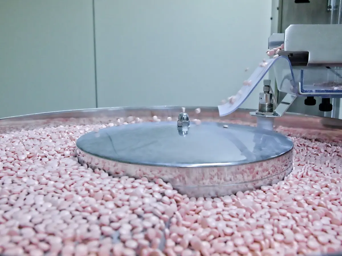 Tablets moving through a production machine